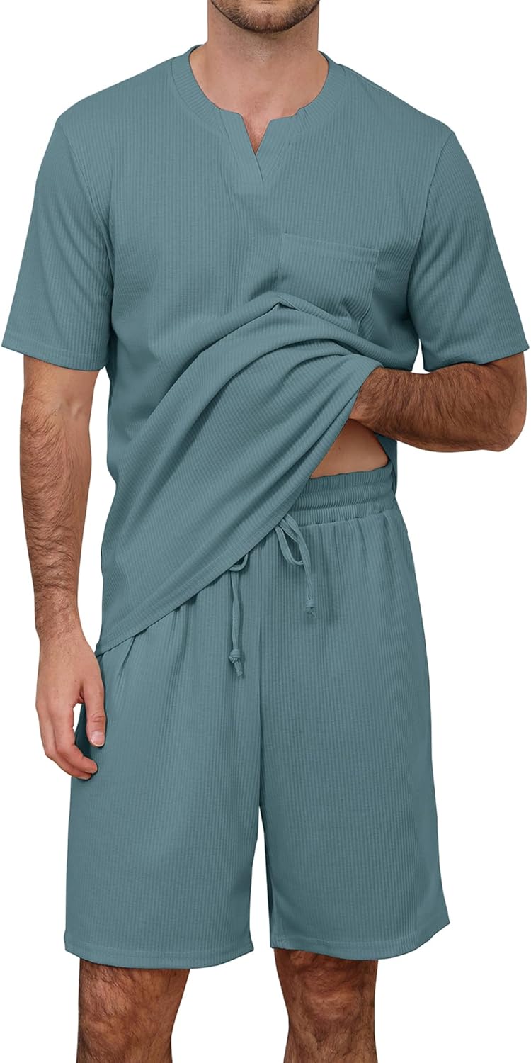 JiniGolla Mens Pajamas Set Soft Short Sleeve Top and Pant Loungewear Sets 2 Piece Pjs with Pockets