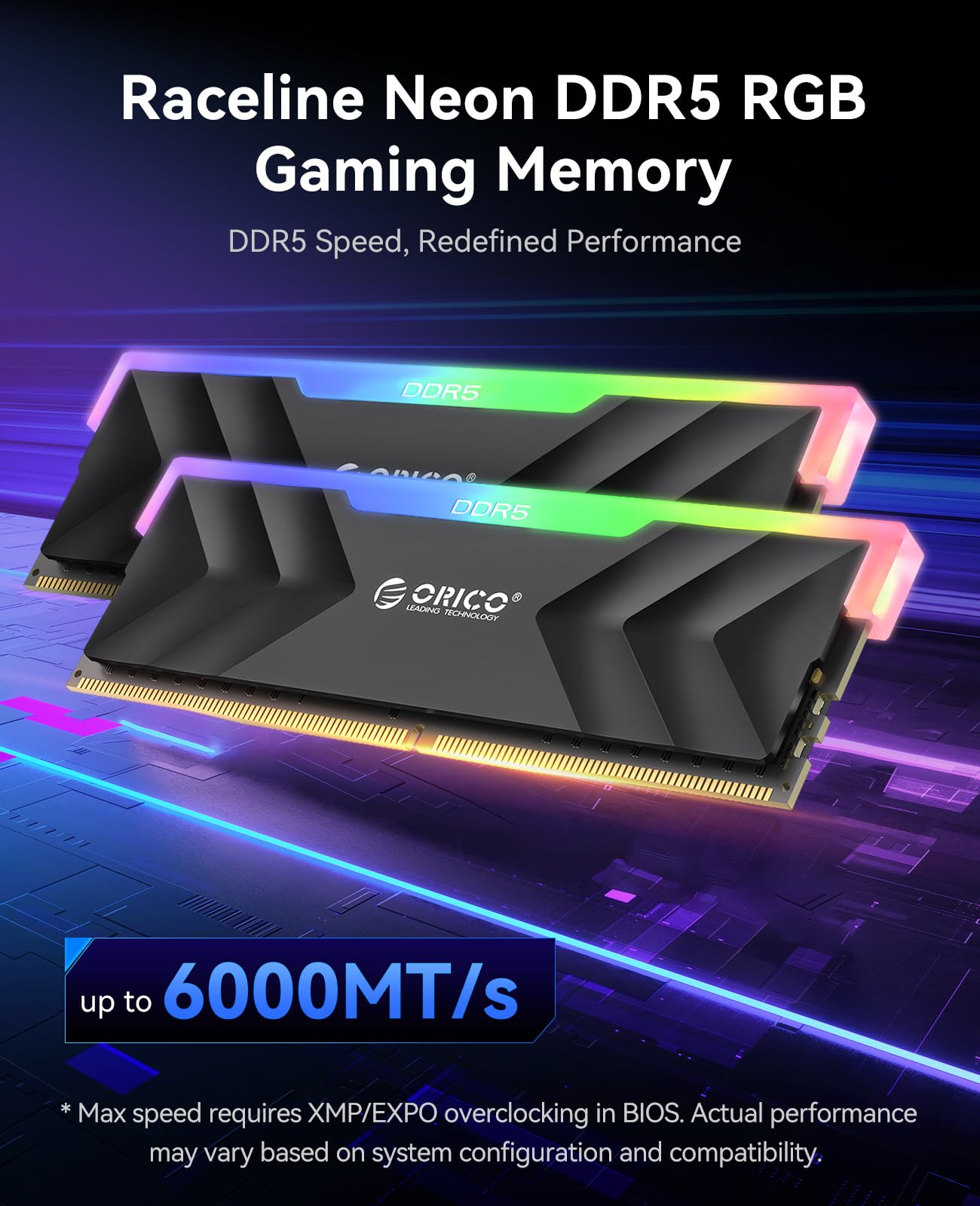 ORICO DDR5 32GB(16GB×2) 6000MHz ORICO Raceline Neon DDR5 RGB RAM 32GB (2x16GB) 6000MHz CL30