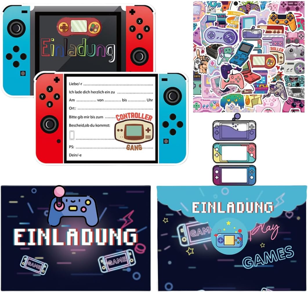 Video Game Birthday Party Invitations, 12 Video Game Invitation Cards, 12 Envelopes, 12 Envelopes Stickers, 60 Pixel Stickers, Game On Birthday Party Invitation, Favors for Boys Kids