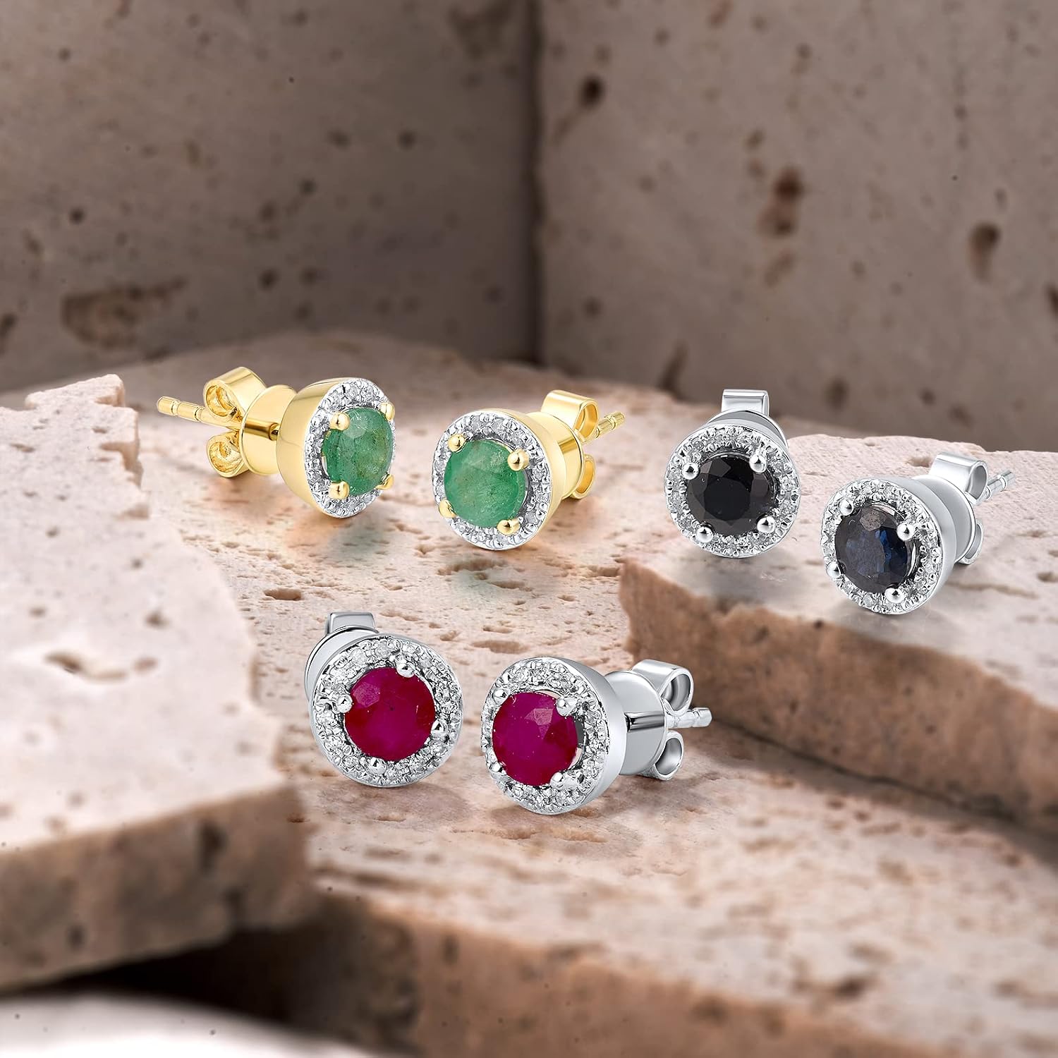 Santuzza 10K Solid Gold Simple Solitaire Gemstone Genuine Diamond Dainty Round Stud Earrings for Women