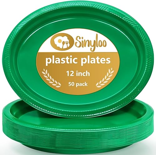 50 platos de plástico verdes desechables de 12 x 10 pulgadas, platos verdes para fiestas familiares, baby shower, cumpleaños, picnic, Navidad
