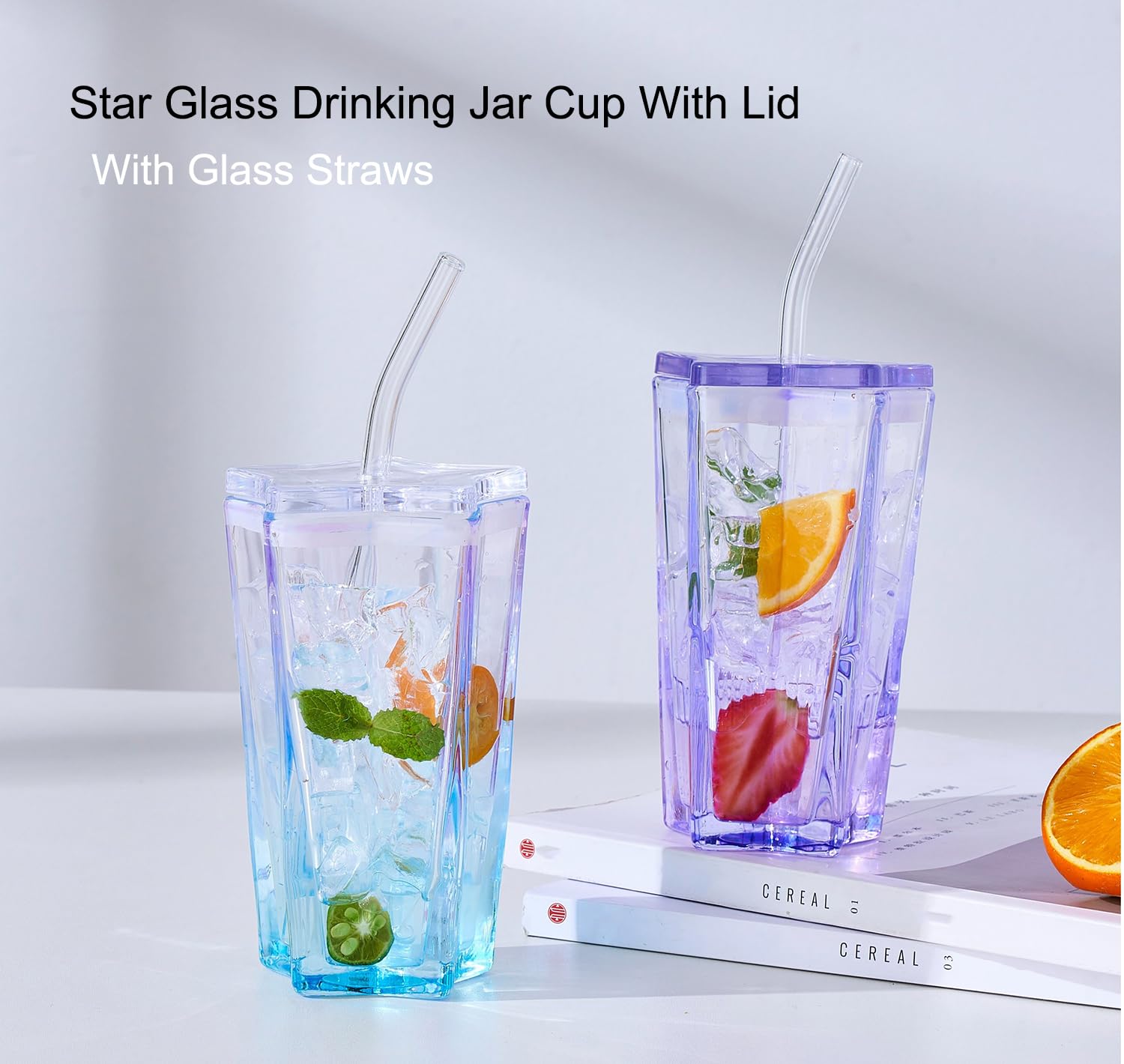 LARYVIN 10oz Glass Drinking Jars with Straw Set of 2 - Drinking Cups with Glass Silicone lid for Cold & Hot Drinks - Novel Pentagram Design Mason Jars & Glass Straws. (Blue/Purple)