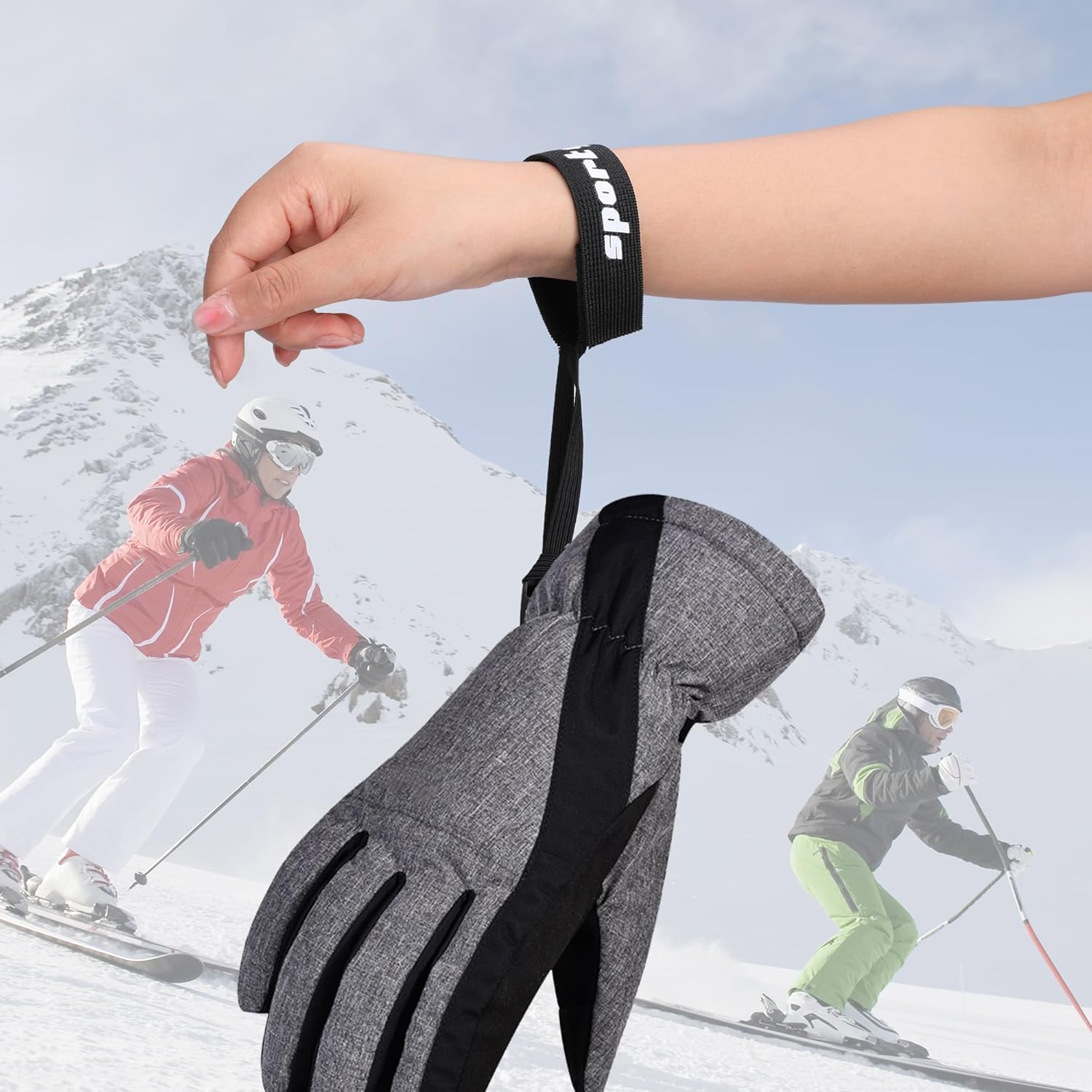 Polsbandages voor skihandschoenen, elastische banden voor skihandschoenen, 4 lussen voor sporthandschoenen, elastische riemen voor handschoenen, handschoenhouder, skihandschoenbevestiging, Zwart Rood