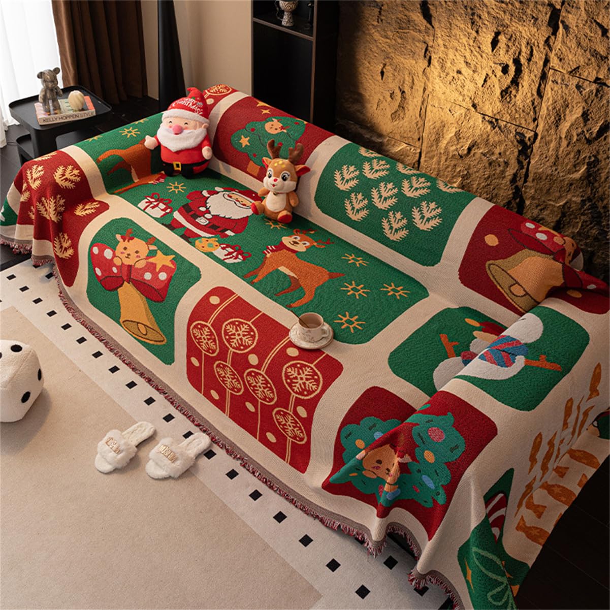 Red Christmas Blanket Sofa New Year Atmosphere Fringe Blanket Bed Armchair 1 2 3 4 Seater Sofa Cover Anti-Dust Anti-Scratch Sofa Cover Cute Soft Sofa Towel (Christmas, 180x130cm)