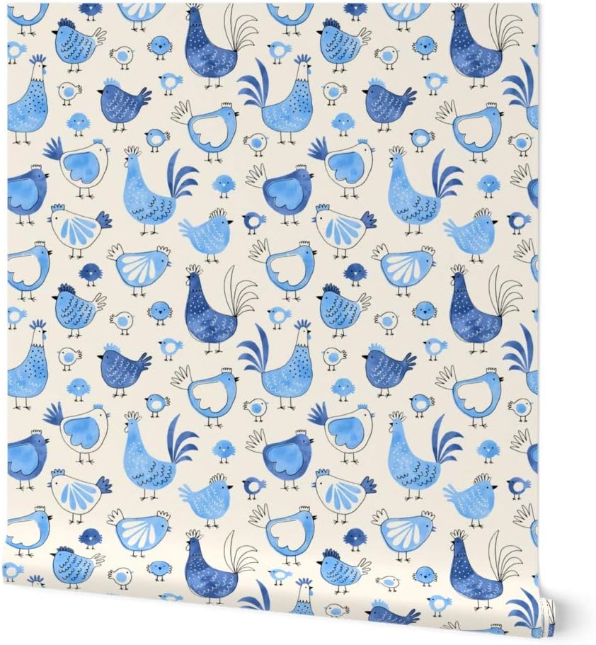 Peel & Stick Wallpaper 3ft x 2ft - Chicken Rooster Watercolor Blue Modern Farmhouse Chic Cream White Farm Animal Barnyard Custom Removable Wallpaper by Spoonflower