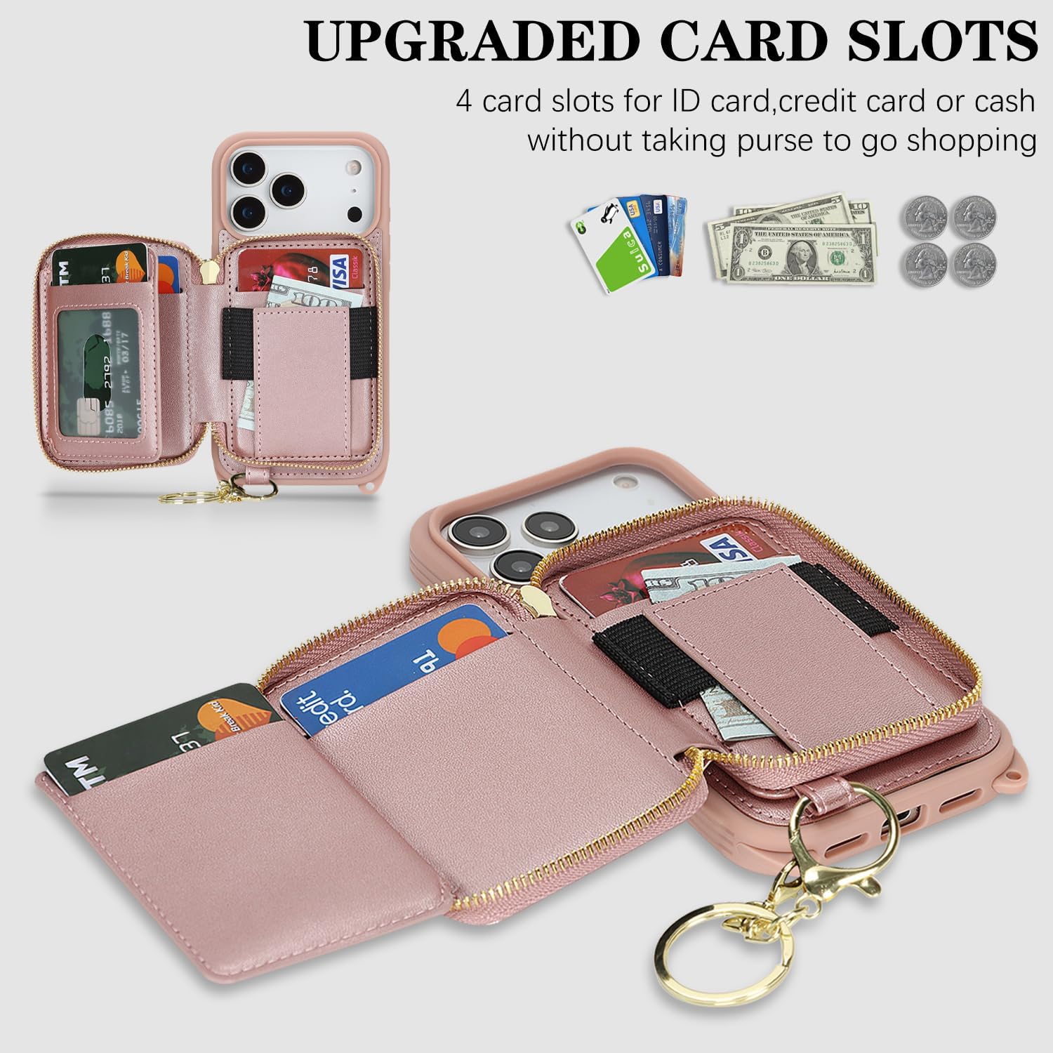 Cavor for iPhone 17 Pro Wallet Case with Card Holder for Women Men, for iPhone 17 Pro Case with Strap, Crossbody Lanyard Phone Case, Magnetic Detachable Compatible with Magsafe-Rose Gold