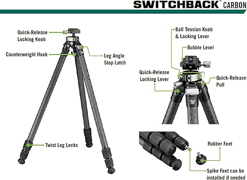 Miniatura 5 de Vortex Optics Switchback - Kit de trípode de carbono  Trípode de fibra de carbono y cabeza esférica