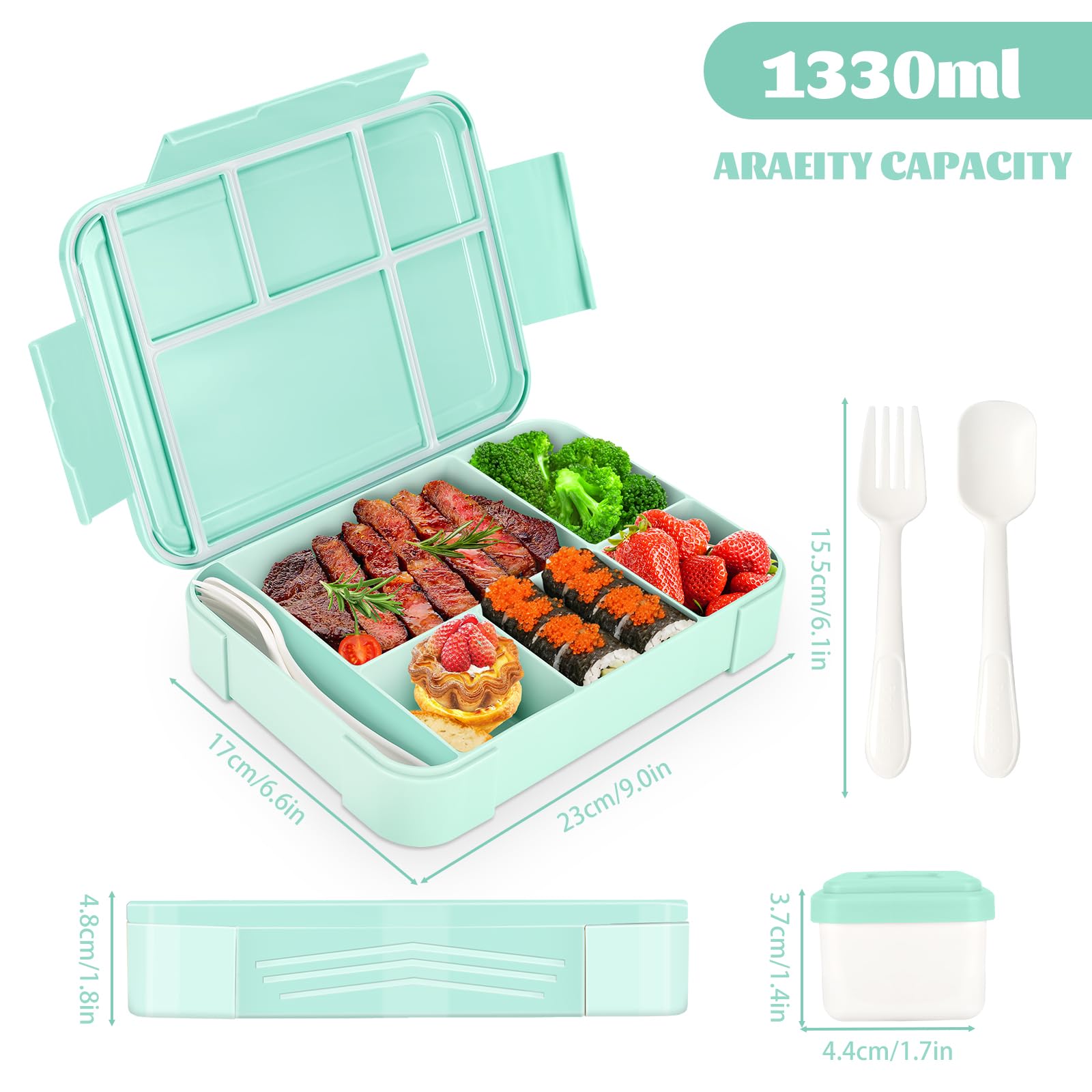 Pudełko śniadaniowe dla dzieci z przegródkami, 1330 ml, dla dzieci, na piknik, podróżny lunch, odpowiednie dla dorosłych, dziewcząt i chłopców, do szkoły, przedszkola i na wycieczki