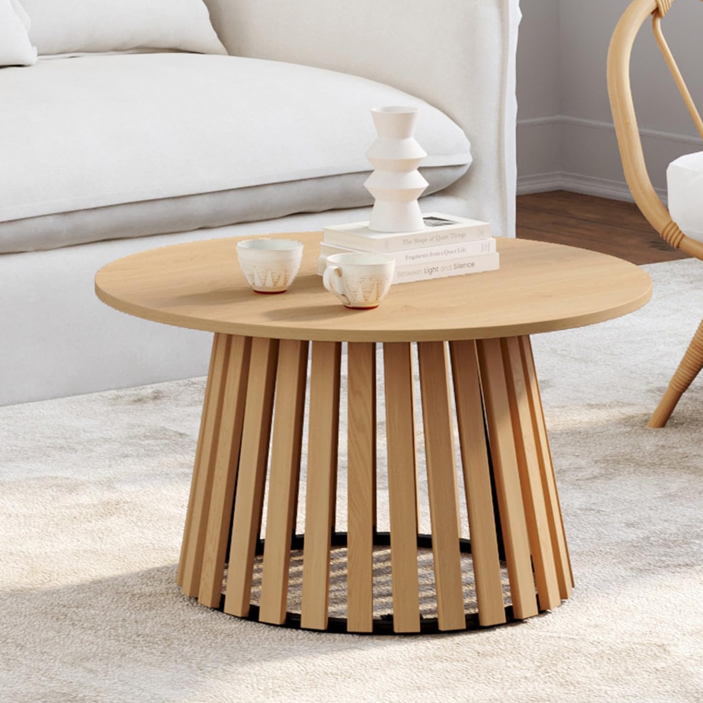 IDMarket - Runder Couchtisch Carmen 70 cm Holzfuß aus Latten und Holzplatte