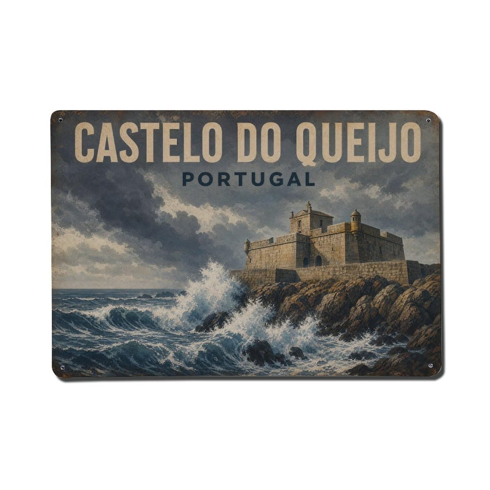 Yrnq 08X12inch Vintage Style Vintage Castelo Queijo Coastal Fortress Portugal Metal Tin Sign