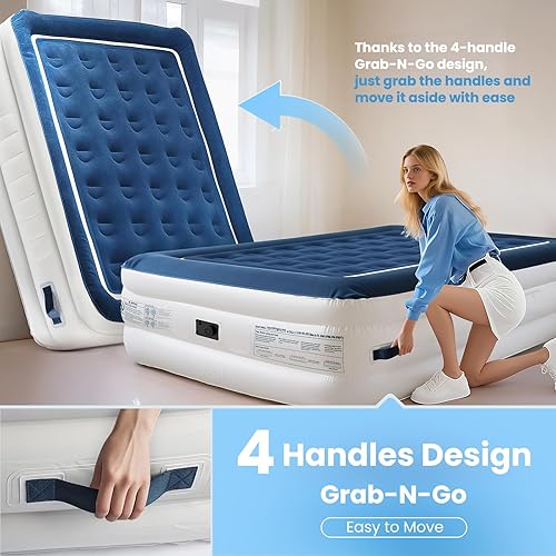 Miniatura 3 de KINGJERRY Colchón de aire Queen con bomba incorporada, 4 asas portátiles, comodidad elevada de 18 pulgadas, a prueba de fugas, diseño anticolapso,