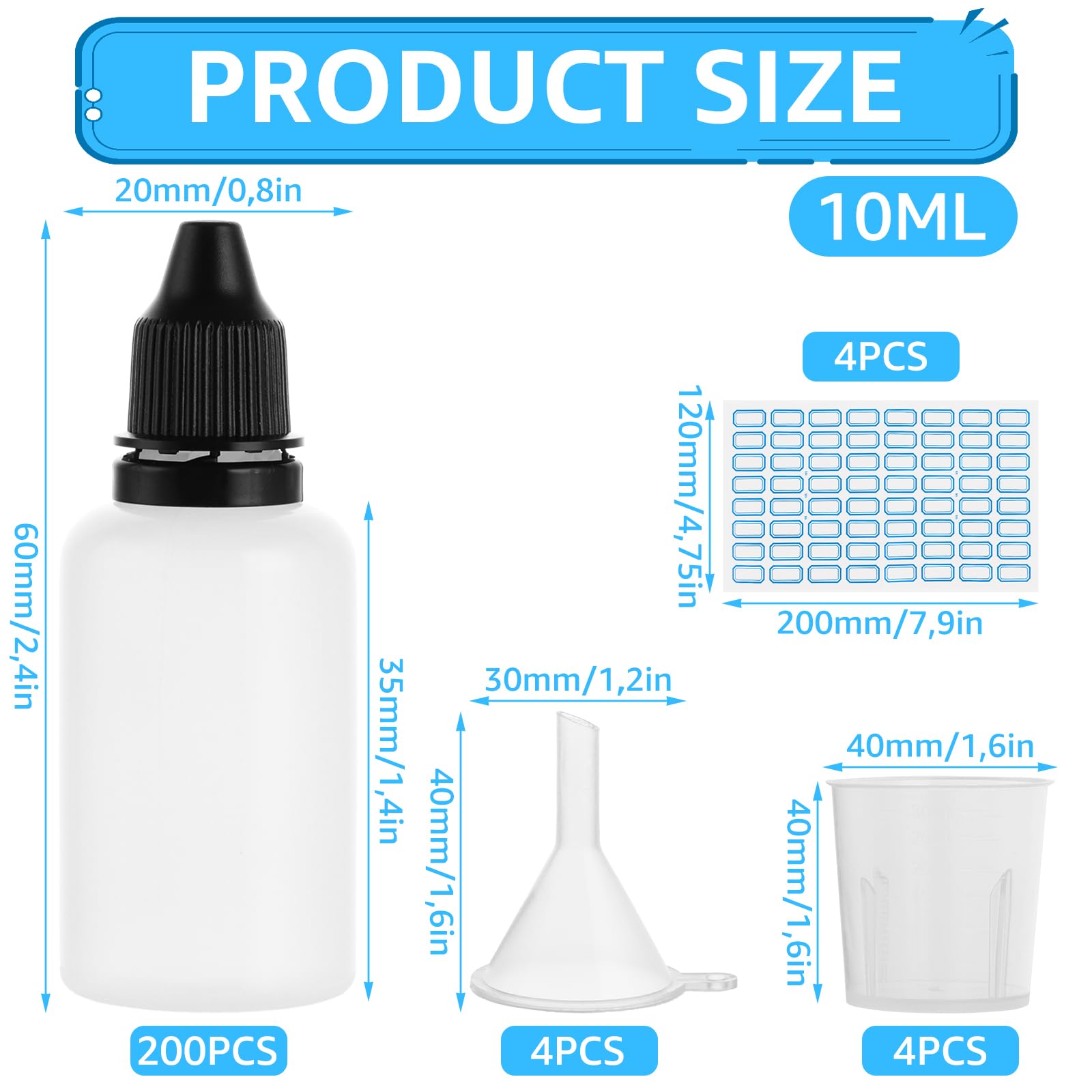 Flacon Compte-Gouttes 10ml - 200 Pièces, Fiole 10ml Souple et Étanche avec Bouchon à Goutte, pour Huiles Essentielles, Cosmétiques et Réactifs