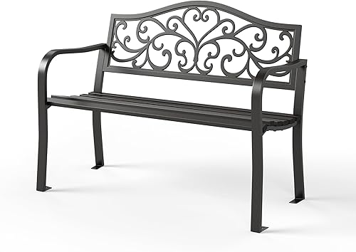 Sophia & William Banco para exteriores, banco de jardín de metal, bancos de parque de hierro fundido para exteriores con respaldo de diseño floral,