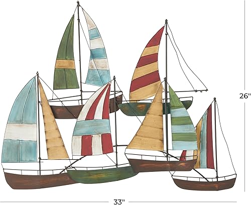 Miniatura 5 de Deco 79 Decoración de pared de barco de vela de metal, 33 x 3 x 26 pulgadas, multicolor