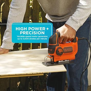 BLACK+DECKER Jig Saw, 5-Amp, 3,000 Blade Speed, 45 Degree Beveled Cuts, 34-Inch Orbital Blade, 4 Curve Settings, Corded (BDEJS600C)
