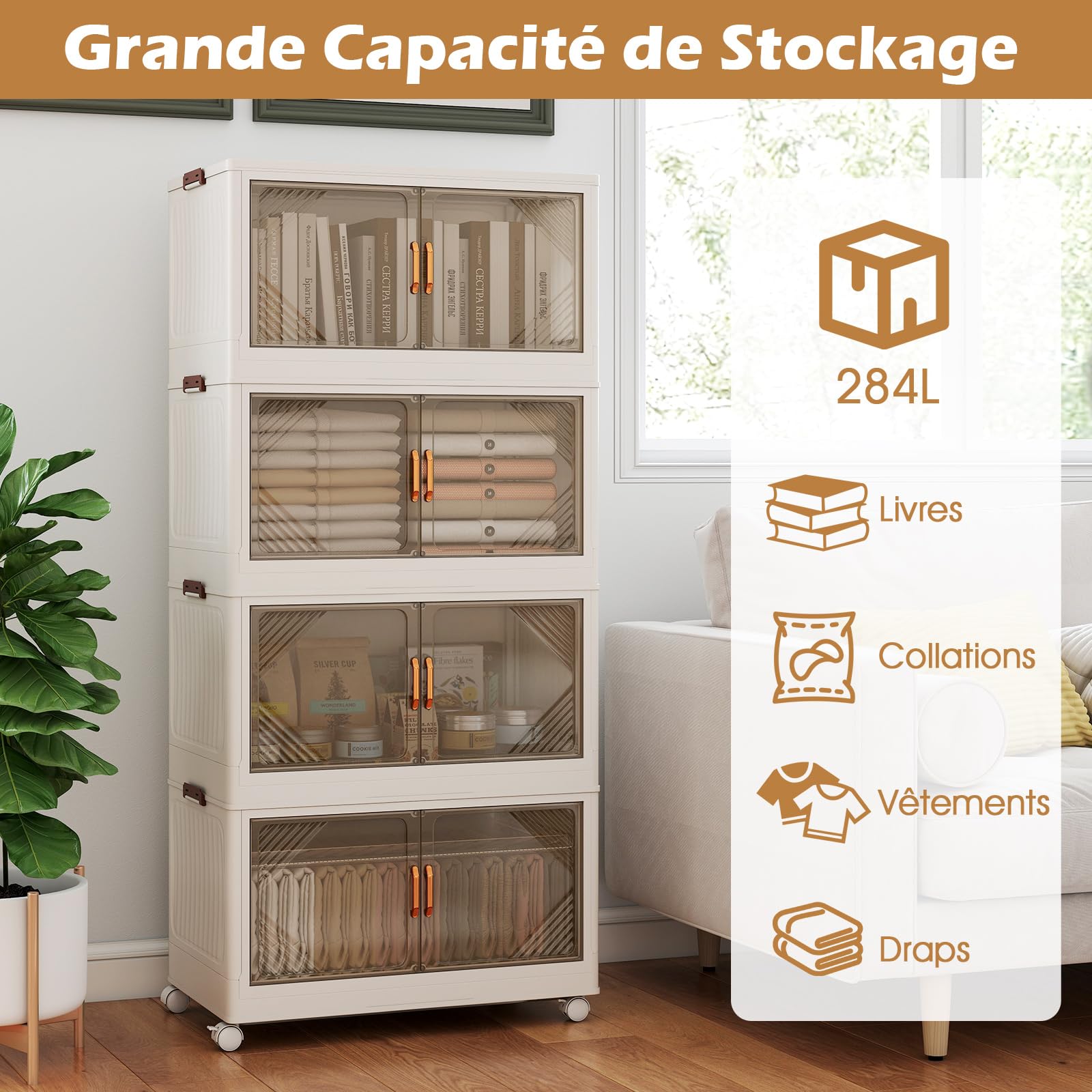 GOPLUS Boite Rangement Empilable et Pliable à 4 Niveaux en PP, Caisse Rangement avec roulettes, 71L par Niveaux, Couvercle Amovible, Portes Magnétique, Boucles Latéraux, Chambre, Salon