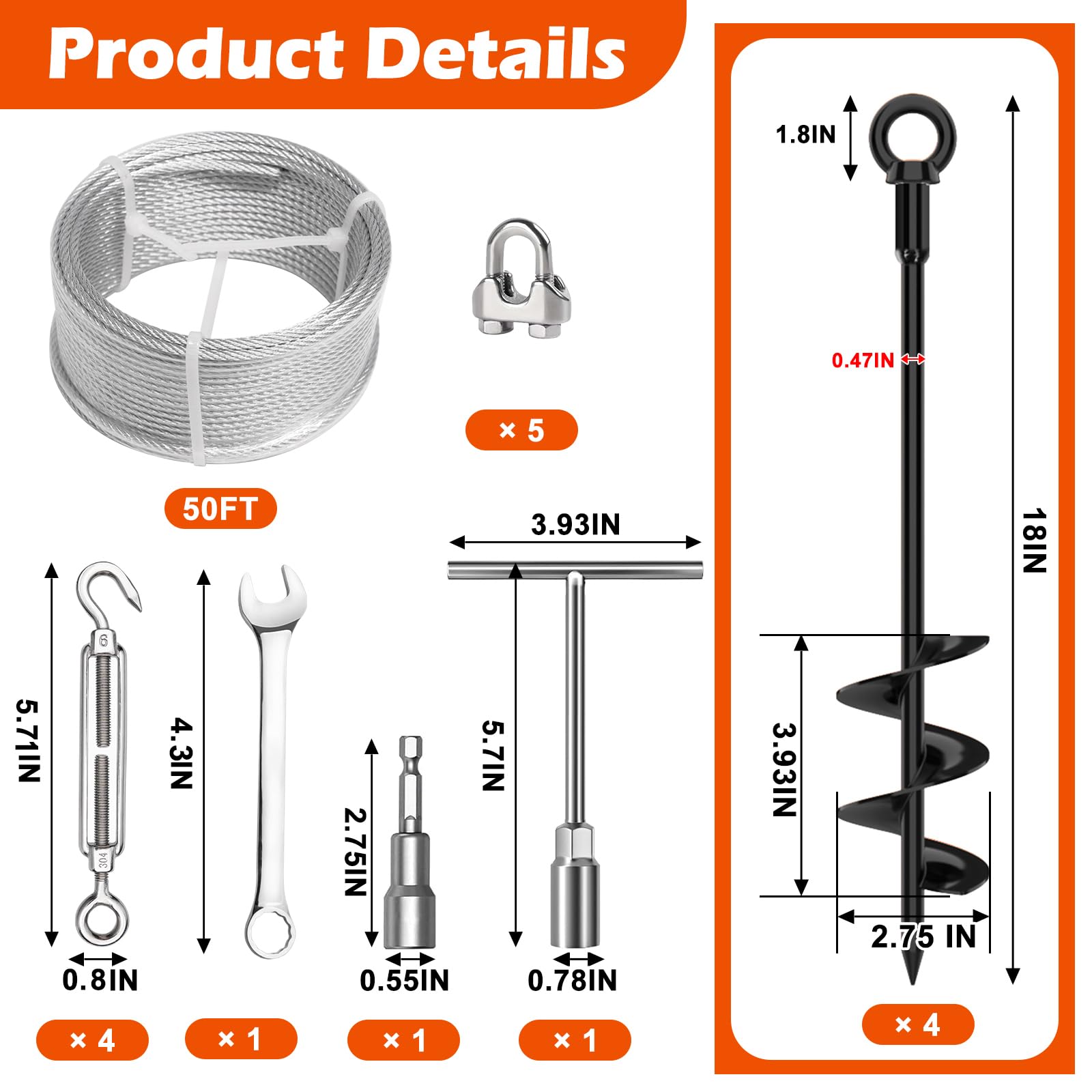 Juego de 4 anclajes de suelo de 18 pulgadas de largo con cable galvanizado de 1/8 pulgadas, tensores y mosquetones, anclajes de tierra resistentes para cobertizos, árboles, trampolín, invernadero,
