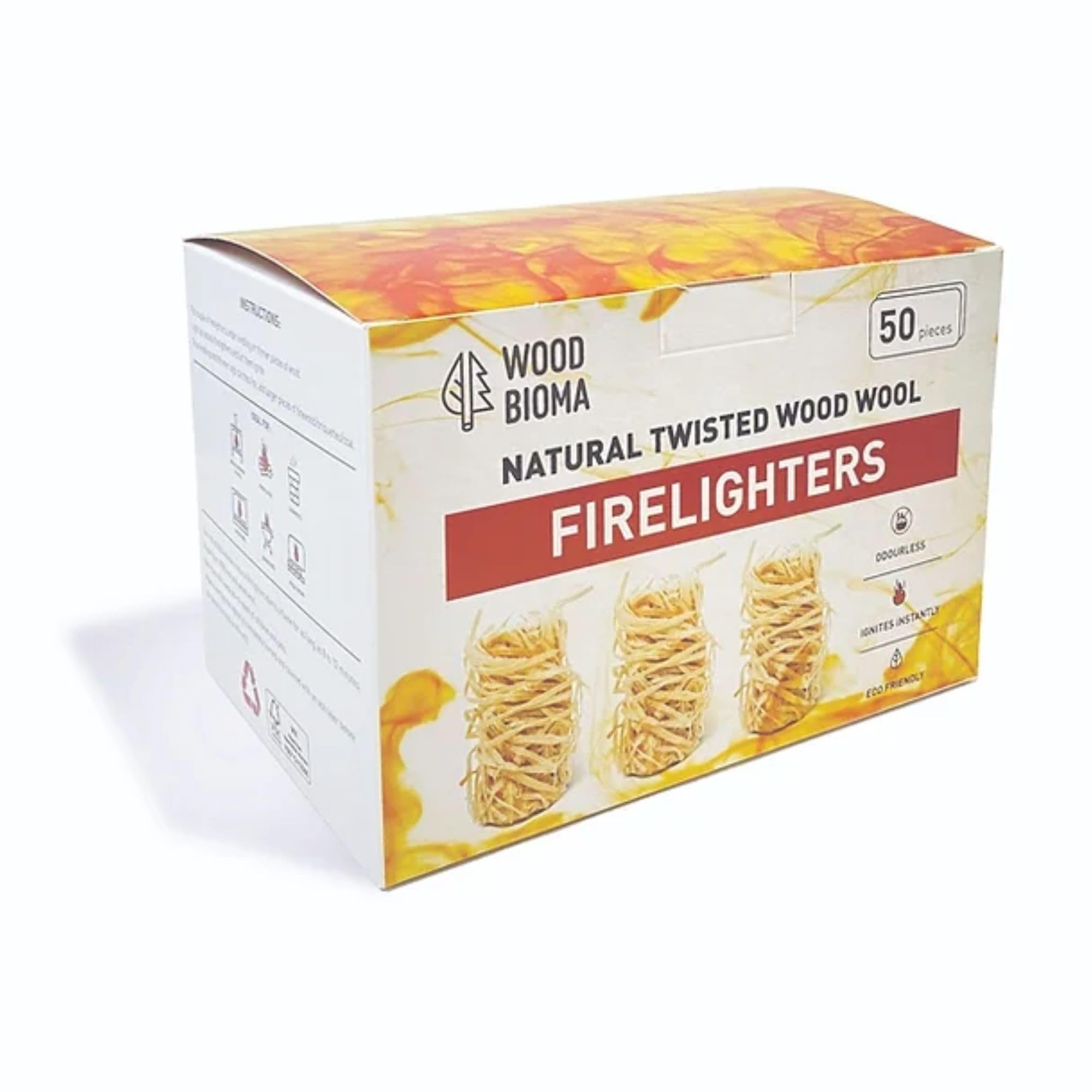 Callow Retail Wood Wool Firelighters, Eco-Friendly Firestarters, 50 Pieces, Fsc Certified Pine Wood Shavings, 8-10 Minutes Burn Time