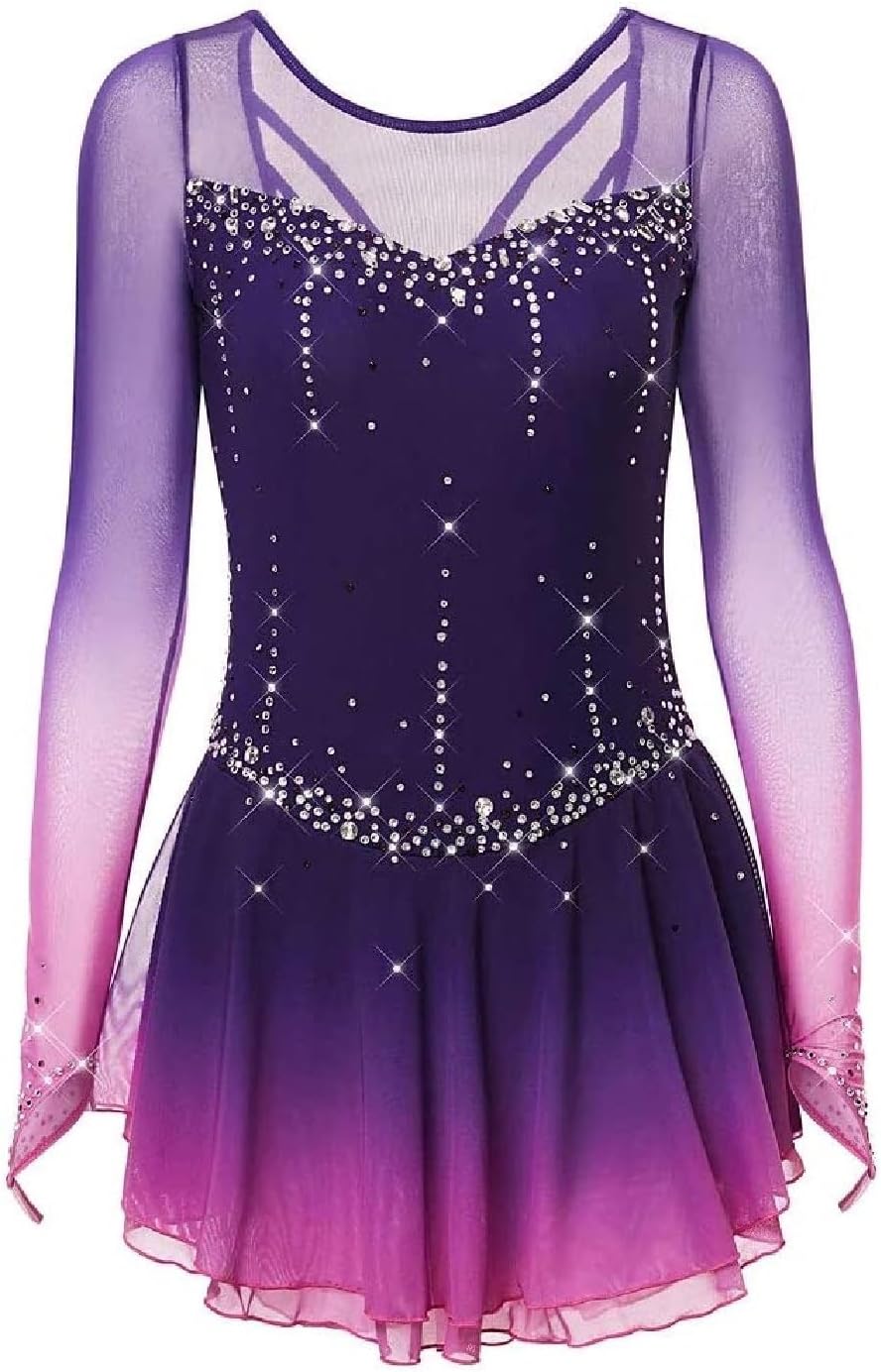 Long Sleeves Figure Skating Dress for Women Ice Dance Competition Costumes Breathable Mesh Customizable