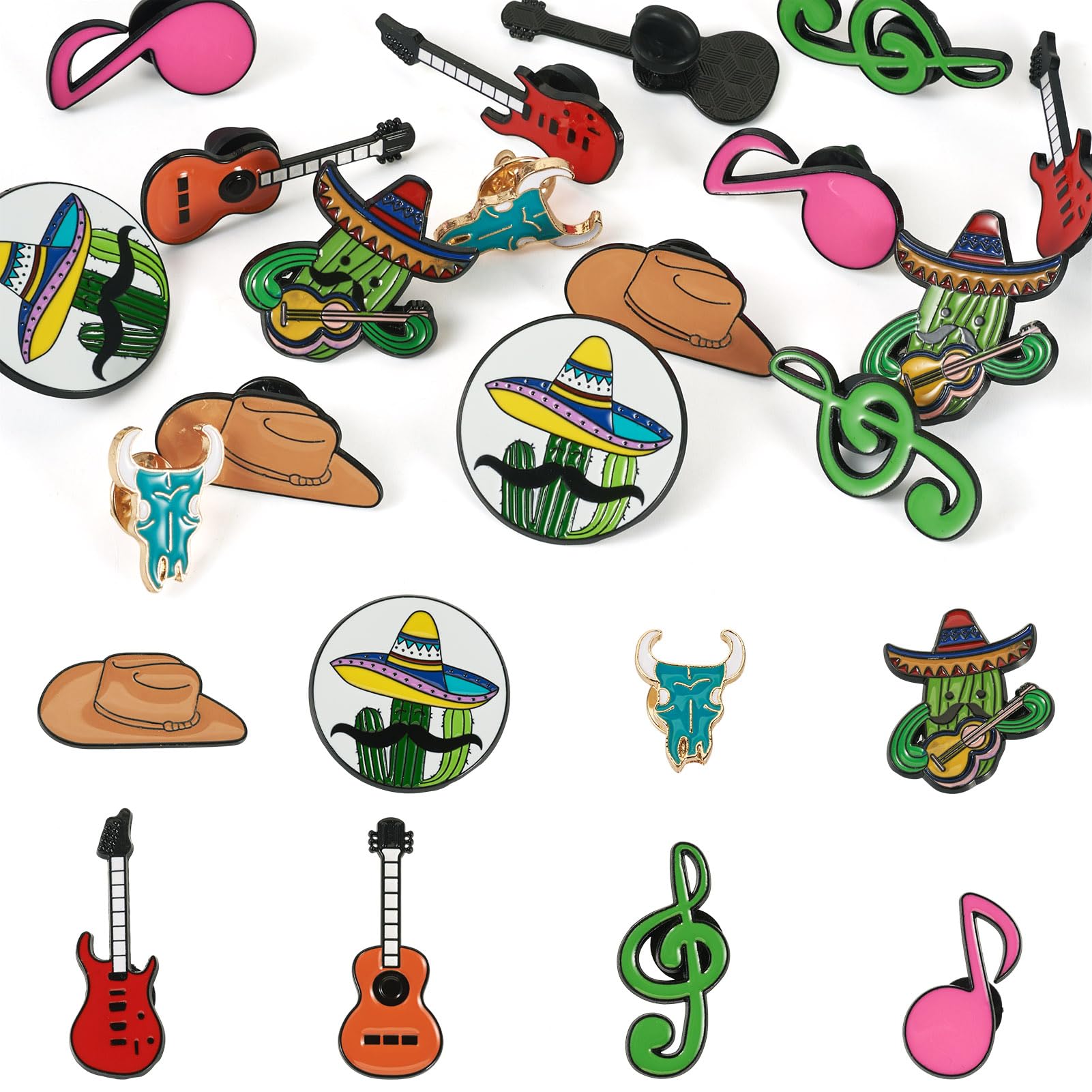 16Pcs Western Music Theme Enamel Pins Cowboy Hat Guitar Musical Note Alloy Brooch Badges Cartoon Cactus Lapel Badges for Backpacks Bags Hats Clothing Decorative Supplies