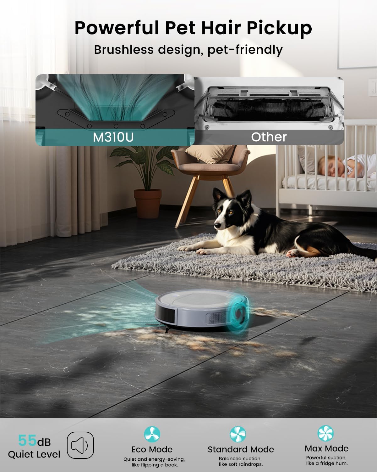 Lefant M310 Ultra cleaning pet hair with comparison to other models and quiet operation levels