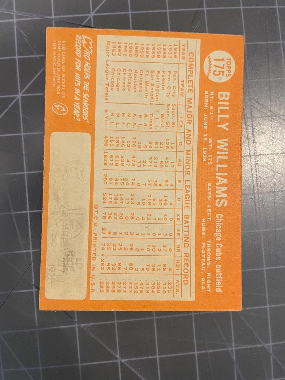 1964 Topps #175 Billy Williams Chicago Cubs Baseball Card Ex/mt - Slabbed Baseball Cards