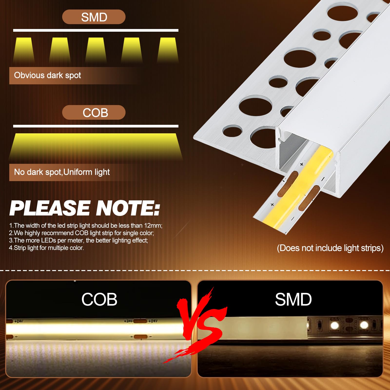 Profilé en aluminium pour panneaux de 1 m avec diffuseurs LED encastrés et couvercle blanc laiteux, 6 bandes de 1 m (B, pour bandes LED de 12 mm)