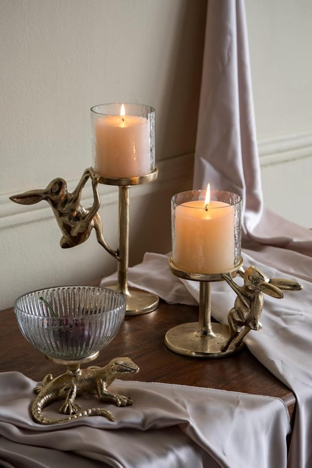 Gold Rabbit Pillar Candle Holder with Clear Glass Hurricane Shade – 7x4x7.5