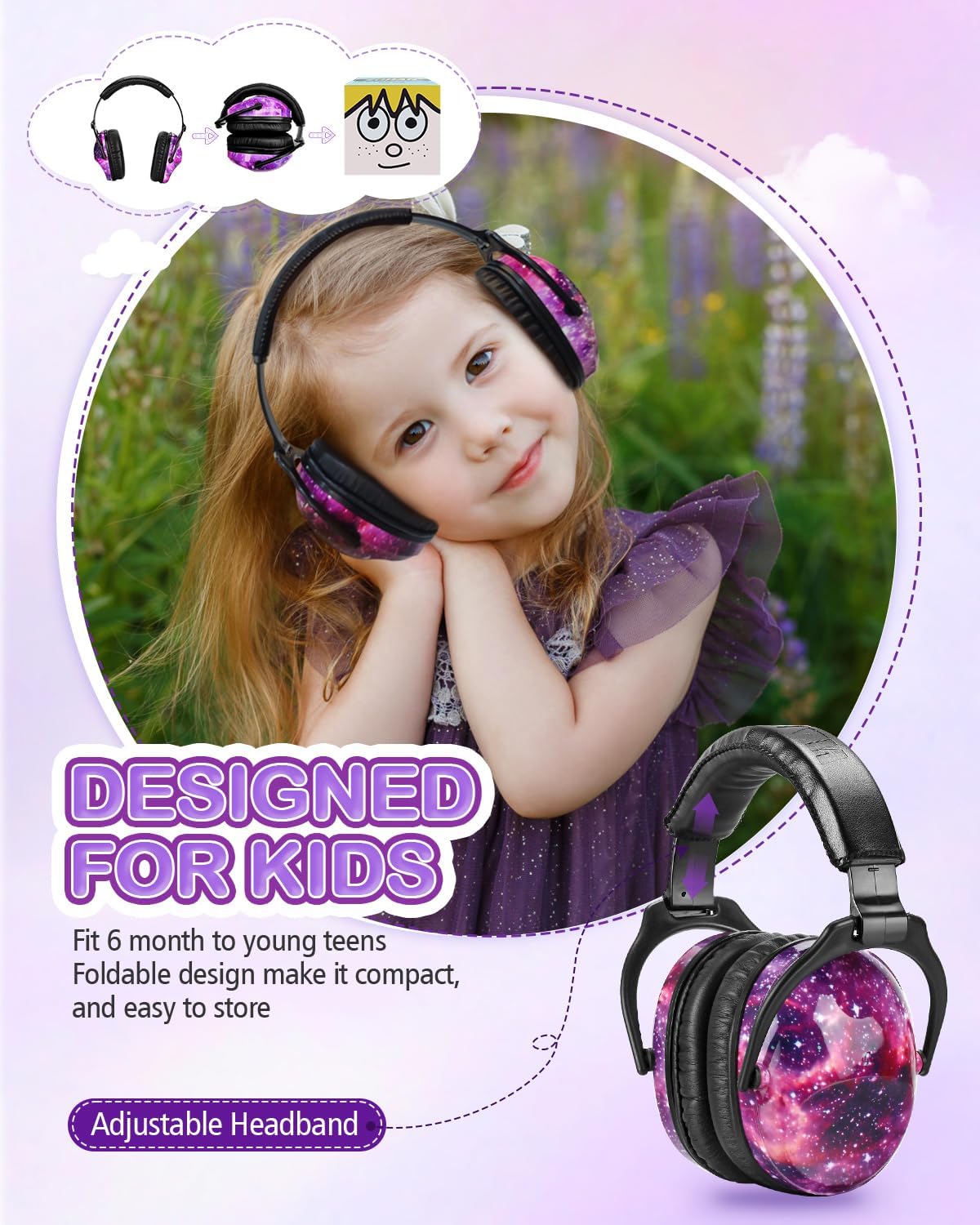 Image showing a child wearing ZOHAN EM030 earmuffs, with an inset demonstrating the adjustable headband feature.