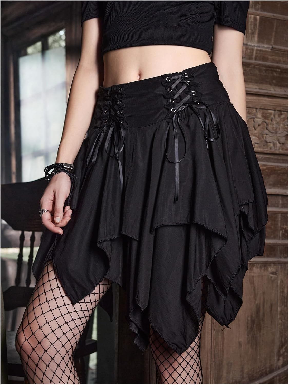 SHENHE Women's Goth Mini Skirt High Waist Asymmetrical Flowy Swing Grunge Punk Fairy Skirt