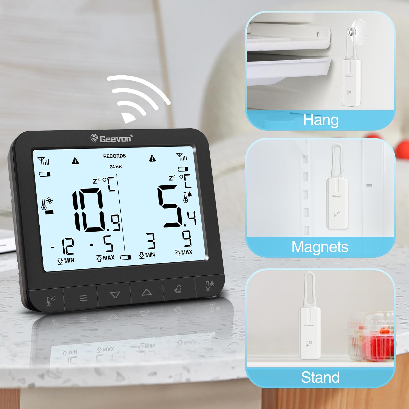 Geevon Termometro per frigorifero, indicatore digitale di allarme temperatura per frigorifero e congelatore, massimo minimo per un monitoraggio accurato della temperatura, ideale per piccoli