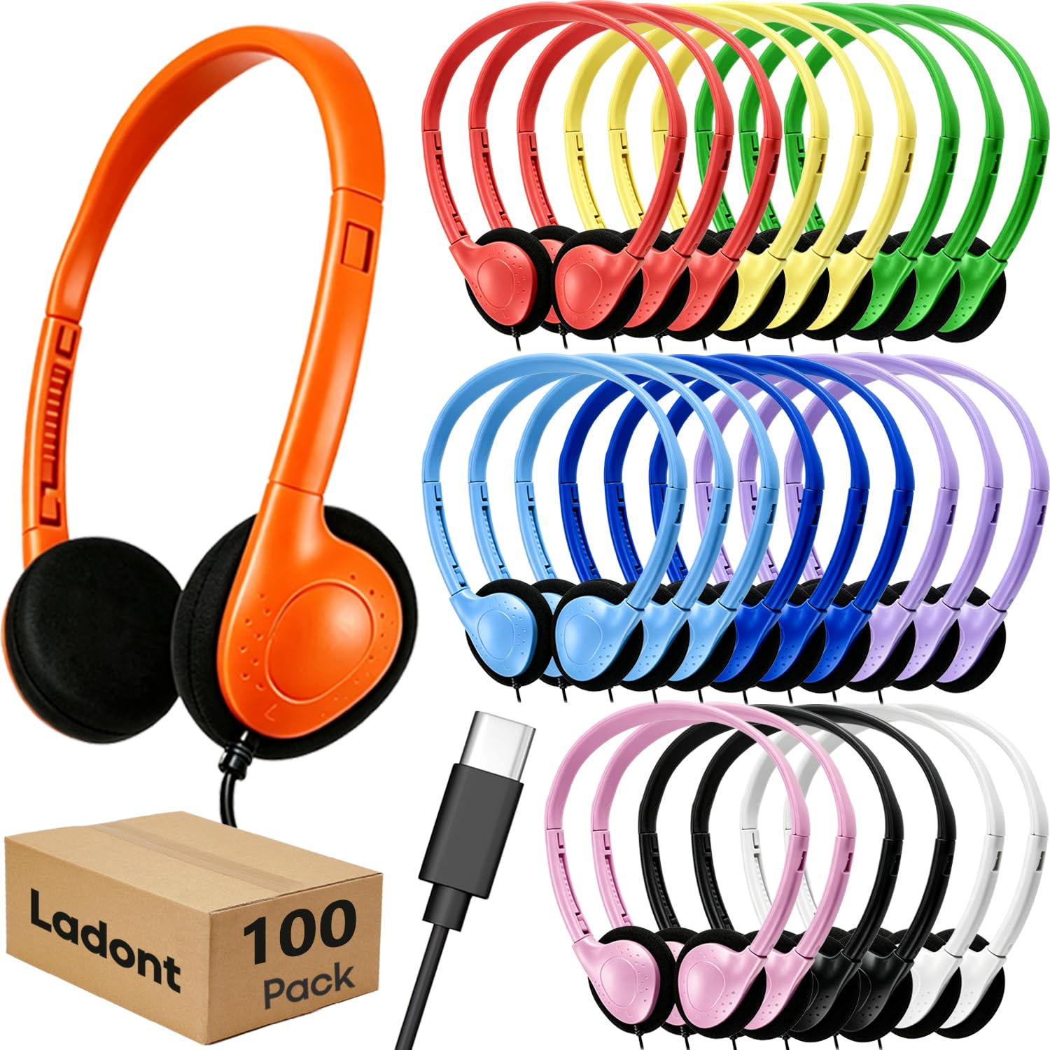 Class-Set Kopfhörer Typ C (50er-Pack), langlebige Kinder-Kopfhörer für Chromebook und Laptop, Großhandel mit USB-C-Headset mit gemischten Farben