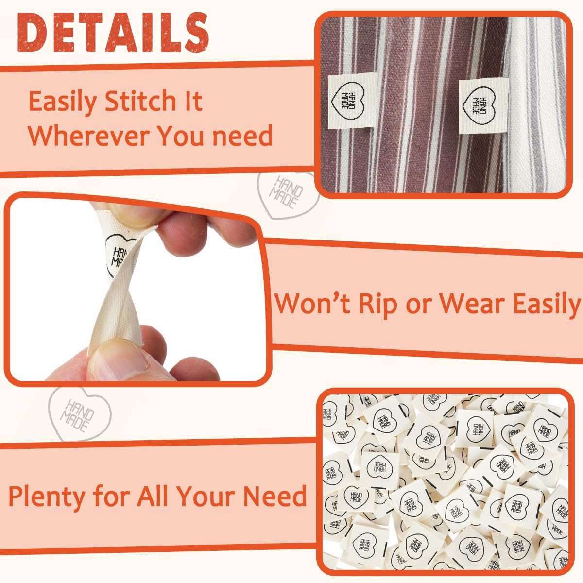 TOGETRUE 100pcs Sewing Labels for Handmade Items, Durable Fabric Woven Tags with Handmade with Love Text, Sewing Labels for Crochet, Knitting, Sewing Projects and DIY Crafts (Style C)