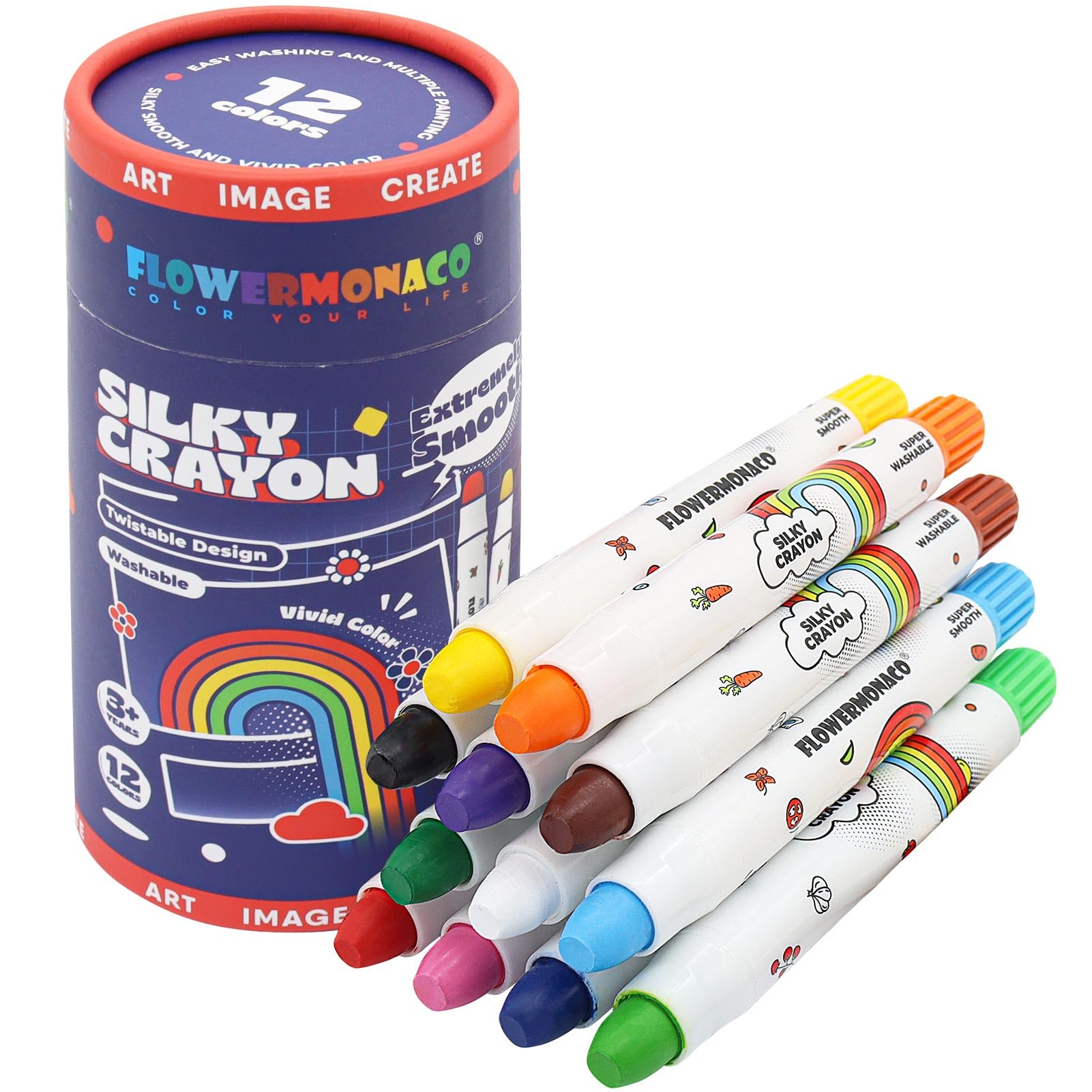 Lebze 12 Colors Toddler Crayons, Non Toxic Crayons Silky Crayons Jumbo Washable Twistable Baby Crayon, Large Crayons for Kids and Children, Safe Art School Supplies for Boys & Girls Flower Monaco