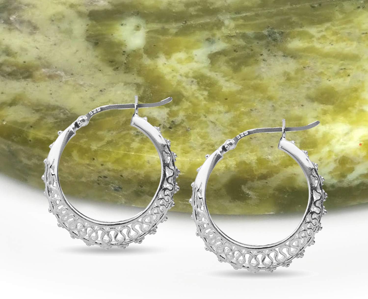 LeCalla 925 Sterling Silver Filigree Hoop Earrings | Hypoallergenic Lightweight Intricate Floral Filigree Earring Snap-Back Closure for Women - Image 2