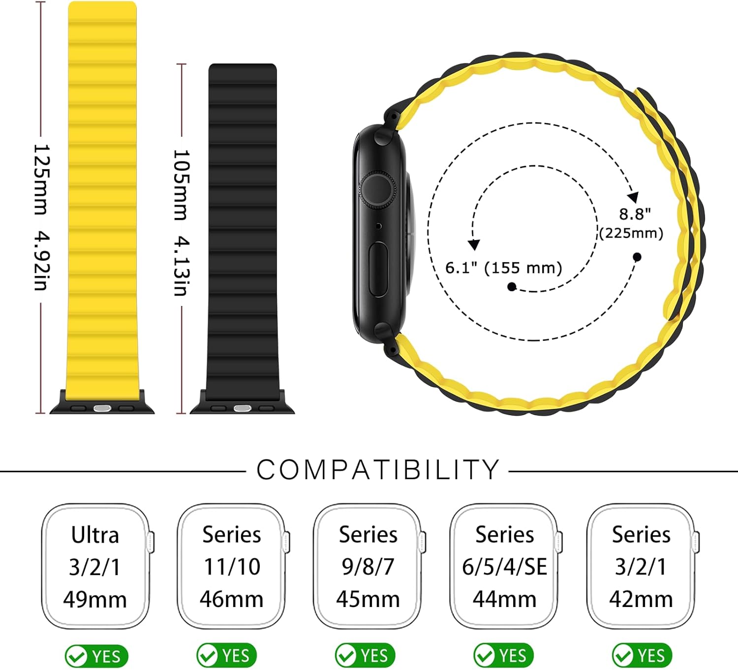 Tasikar Magnetic Straps Compatible with Apple Watch Strap 49mm 45mm 44mm 42mm Ultra 2 Ultra Series 9 8 7 6 5 4 3 2 1 SE 2 SE, Silicone Band with Magnetic Closure for Men Women (Yellow-Black) - Image 5