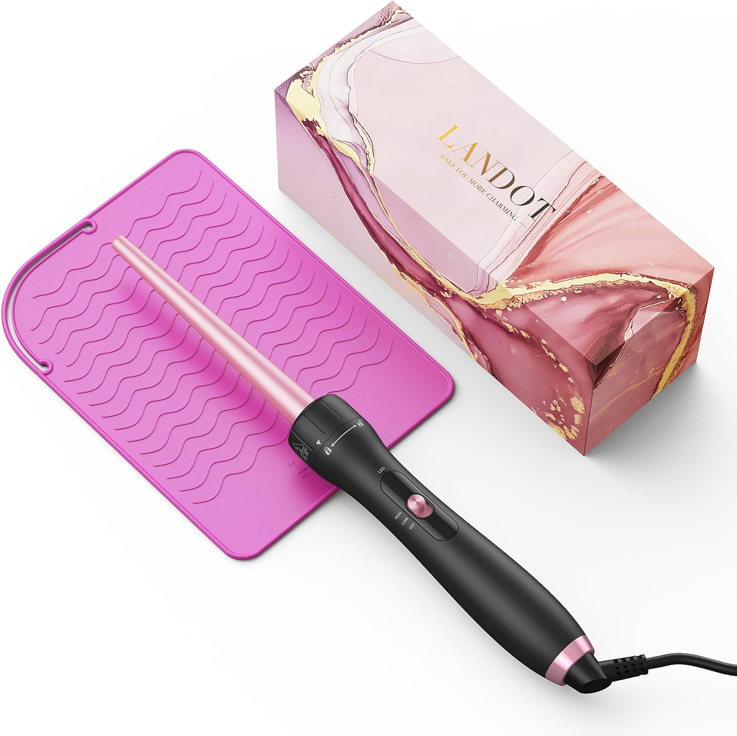 LANDOT Tapered Hair Curling Iron Wand: 9-19mm Curling Wand for Natural Curls & Textured Waves – Professional Detachable Clip Free Hair Curler – Includes Heat Resistant Silicone Mat & Glove