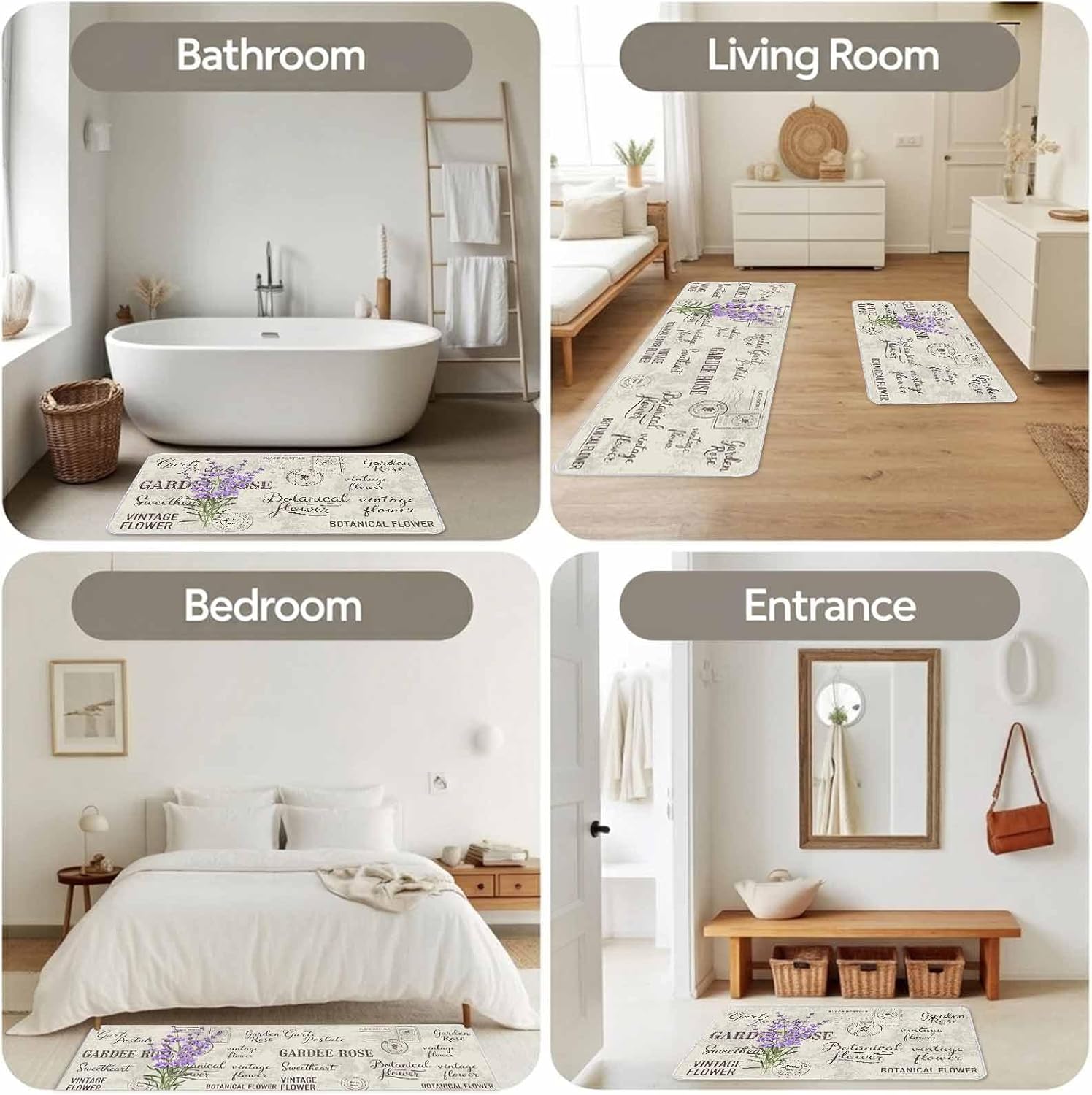 Lavender Leaves on Vintage Letter Kitchen Rug and Mat,Washable Floor Mats Standing Cushioned Set of 2,Botantical Flower Slip-Proof Doormat Runner Rugs for Indoor Bathroom Laundry Sink