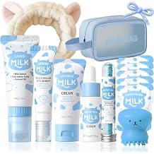 13PCS Milk Skincare Set for Kids - Kids Face Care Kit, Cute Skincare Set with Cleanser, Cream, Serum, Eye Cream, Masks, Brush, Headband & Bag, Birthday Gifts for Girls 8-12