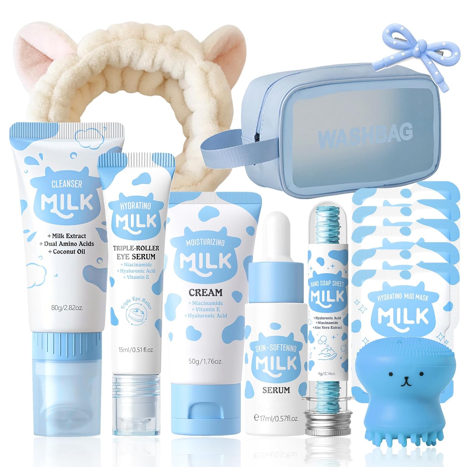 13PCS Milk Skincare Set for Kids - Kids Face Care Kit, Cute Skincare Set with Cleanser, Cream, Serum, Eye Cream, Masks, Brush, Headband & Bag, Birthday Gifts for Girls 8-12