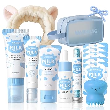 13PCS Milk Skincare Set for Kids - Kids Face Care Kit, Cute Skincare Set with Cleanser, Cream, Serum, Eye Cream, Masks, Brush, Headband & Bag, Birthday Gifts for Girls 8-12
