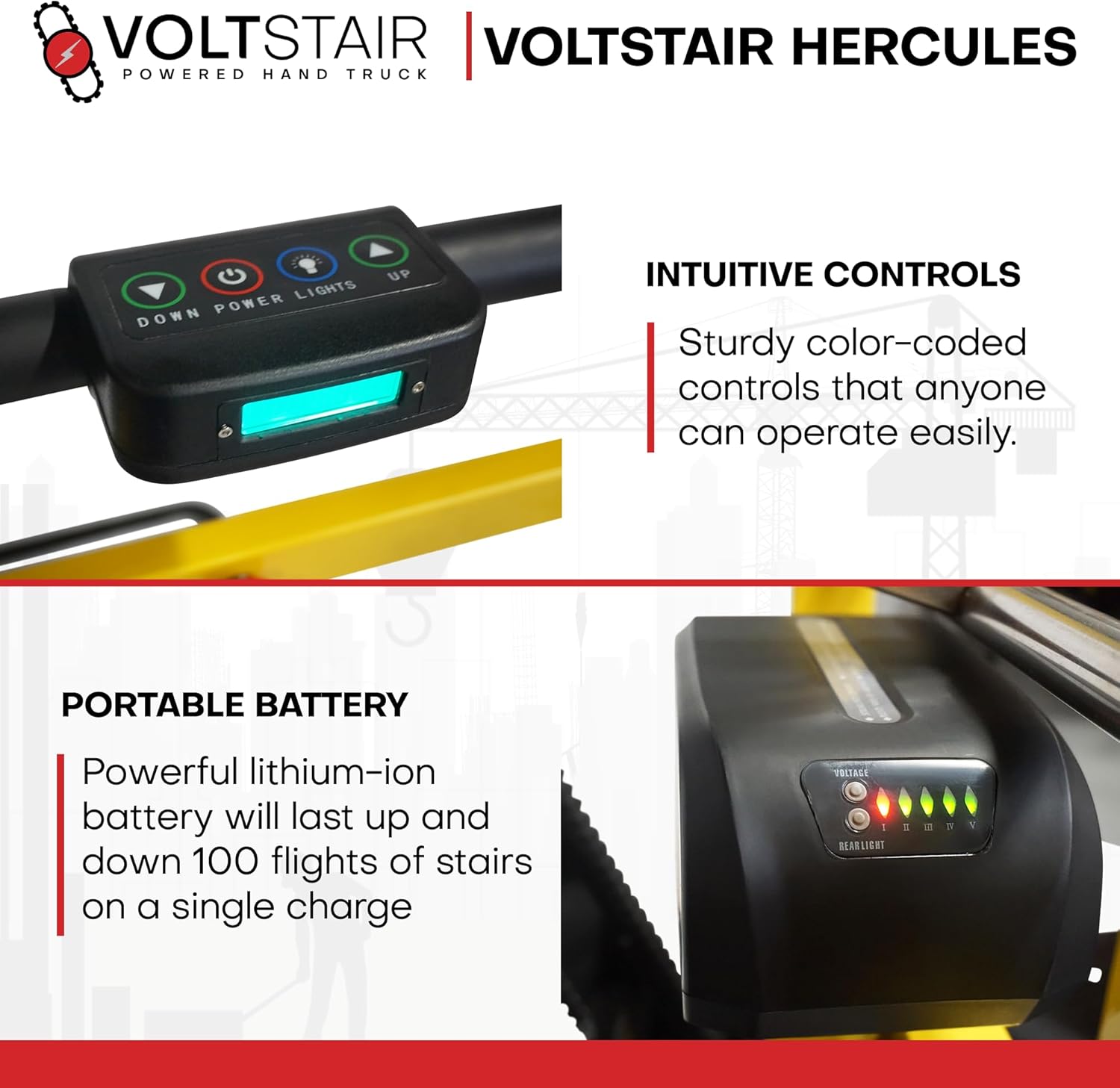 Voltstair Hercules Motorized Battery Stair Climbing Hand Truck Portable Dolly for Moving, Transporting, Lifting - Straps, Electronic Brake, Speed Control | Home, Office, Industrial Use, 500lb Lift Cap