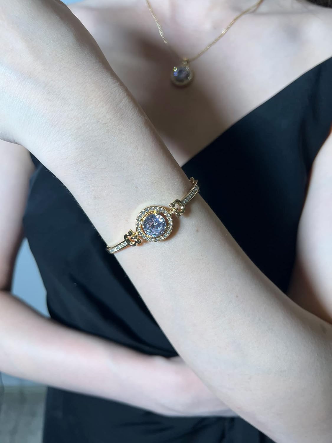 4 Pieces Fashion Elegant Zircon Pendant Gold Necklace Earring Bracelet Jewelry Set for Women Lady Wedding Birthday Party Prom Gifts - Image 7