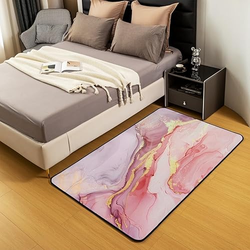 Miniatura 5 de Alfombra decorativa de mármol rosa de 5 x 7 pulgadas, juego de alfombras decorativas de lujo de mármol morado dorado, arte abstracto, ultra suave,