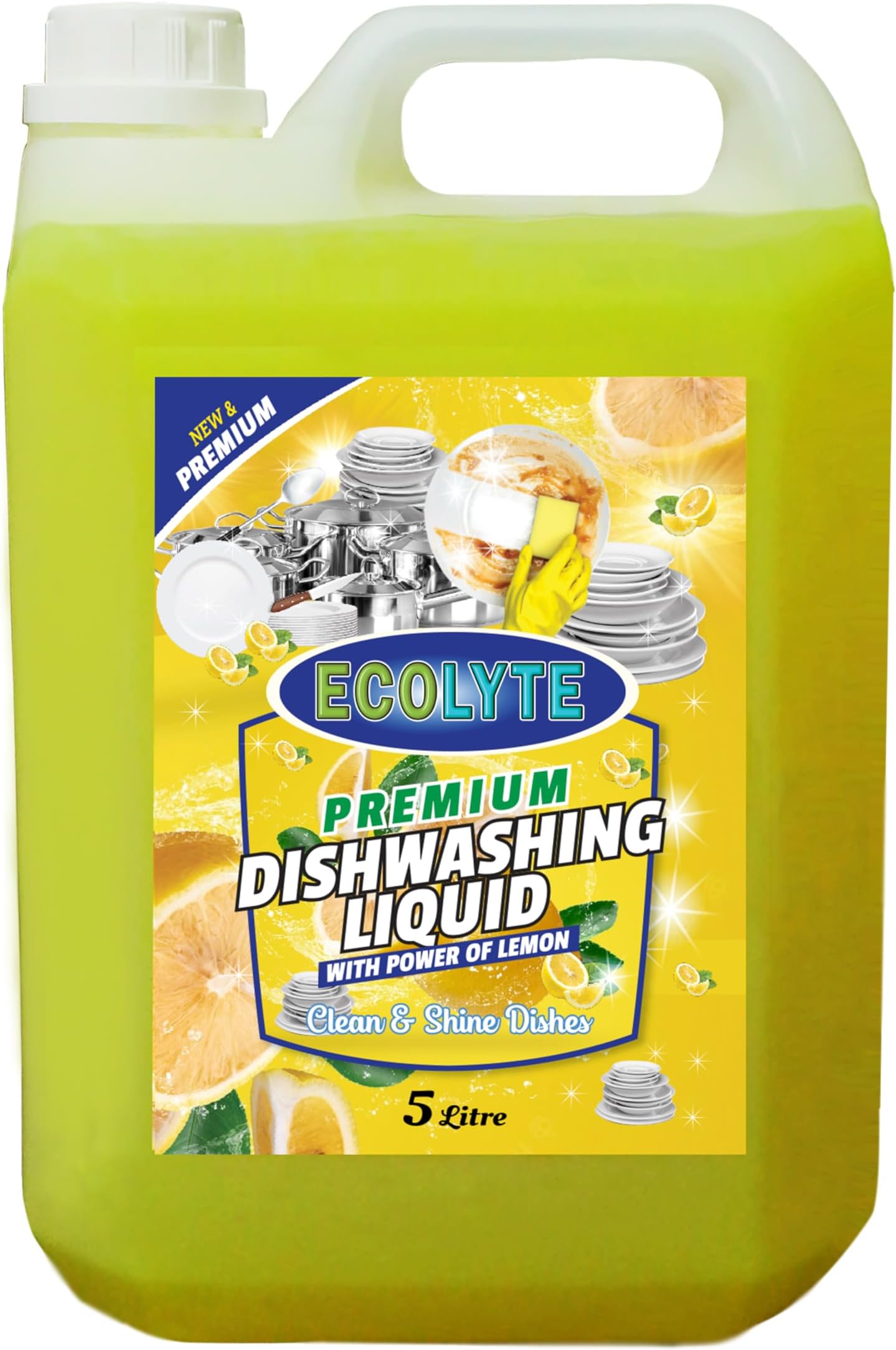 ECOLYTE+ Dishwashing Liquid Soap, Platinum Antibacterial Detergent & Perfect Shine, All Purpose Cleaner, Leaves No Residue, Kitchen Cleaner, Removes Grease & Oil - (Lemon, 5 Liter)