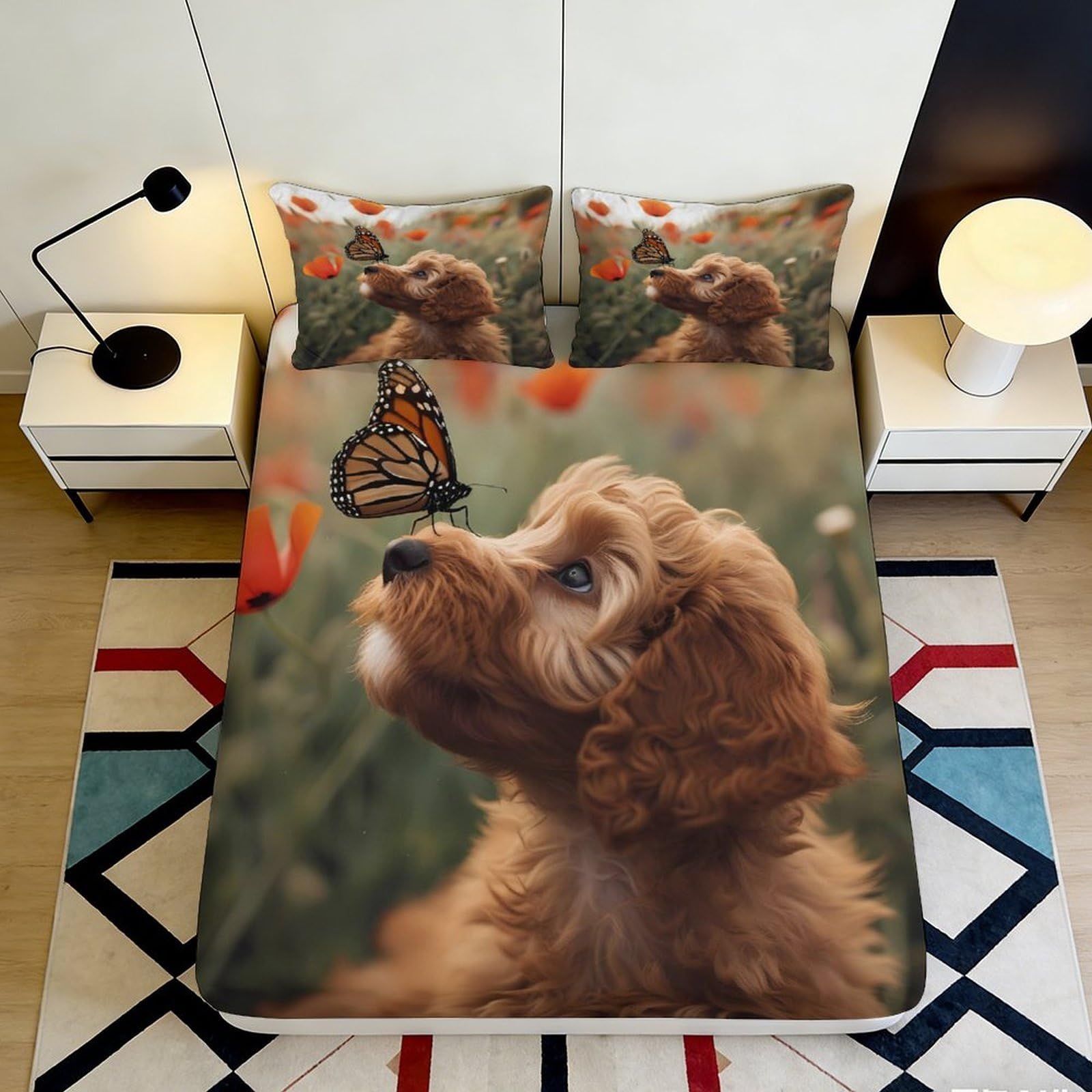 3D Printed Puppy Butterfly Fitted Sheet Microfiber Non Slip Mattress Cover Orange Floral Bedroom Decor 120x200cm 90x200x25cm