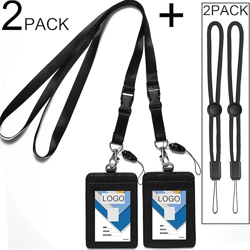 Miniatura 8 de YOUOWO Paquete de 2 soportes para tarjetas de cuero + 2 cordones para el cuello, hebilla desmontable, correa negra para hombres y mujeres, llaves de