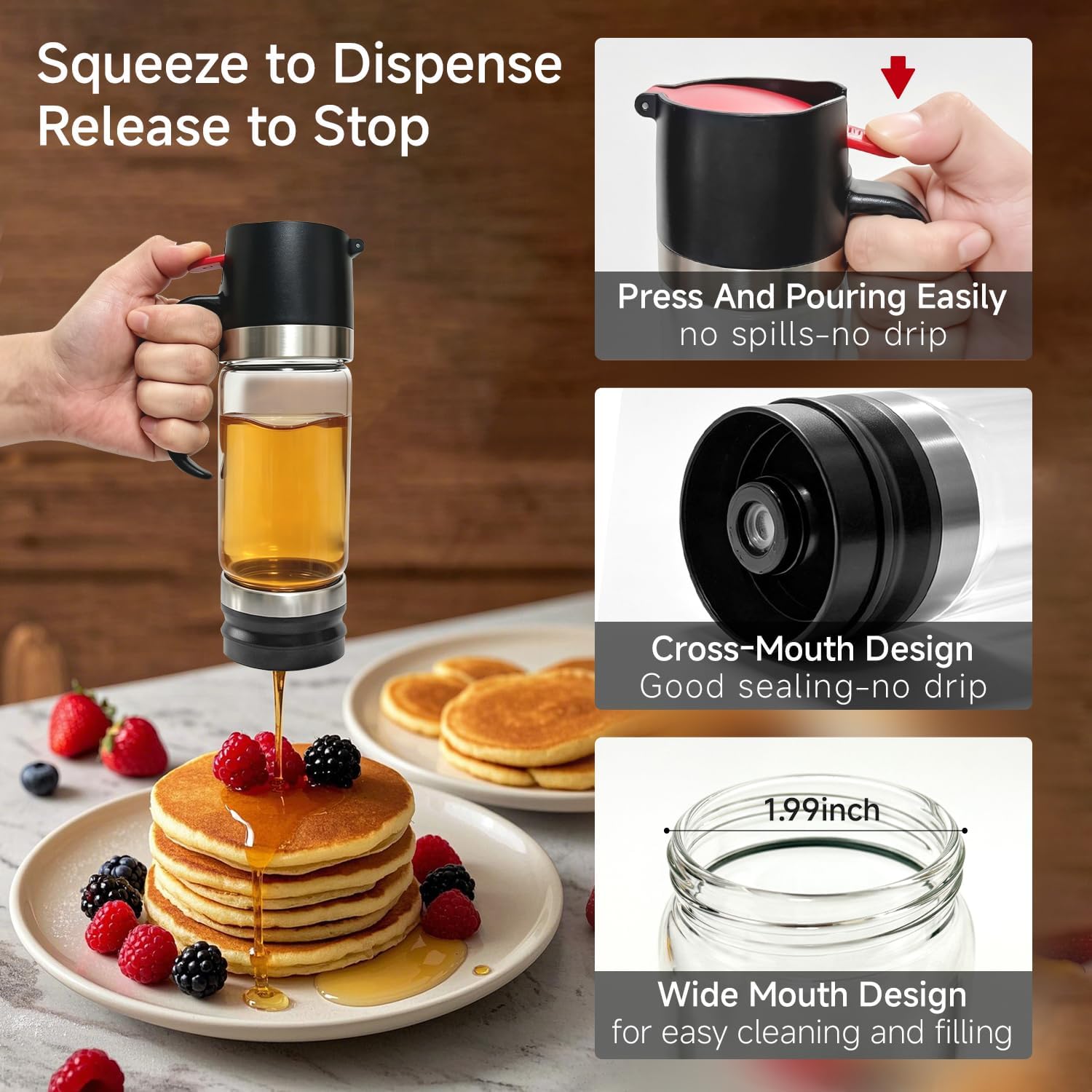 Glass Honey Dispenser 12oz/350ml - Leak Proof Honey Pot(Black)