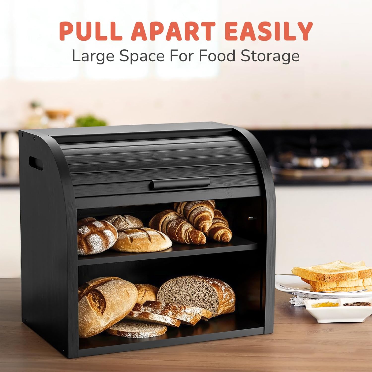 G.a HOMEFAVOR Bread Box: Large 2-Tier Bamboo Roll Top Bread Storage Container for Kitchen Counter, Bread Holder Food Bin for Countertop, Self-Assembly, Black