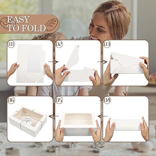 Miniatura 4 de KPOSIYA 65 cajas de galletas de 8 x 6 x 2.5 pulgadas con ventana, cajas blancas de pastelería para regalo, golosinas, postres, cupcakes, chocolate,